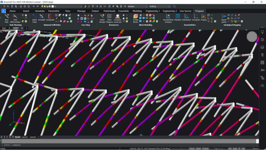 Underground Composites of Diamond Drill Holes showing different grade values