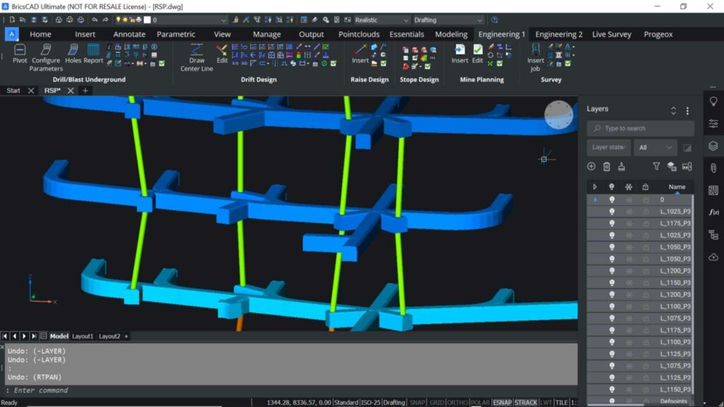 Underground drifts and raises in 3D