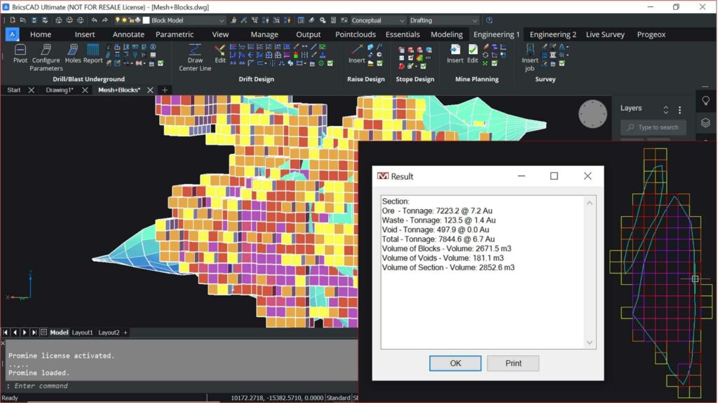 Ore and waste report of a 3D stope surrounded by a block model