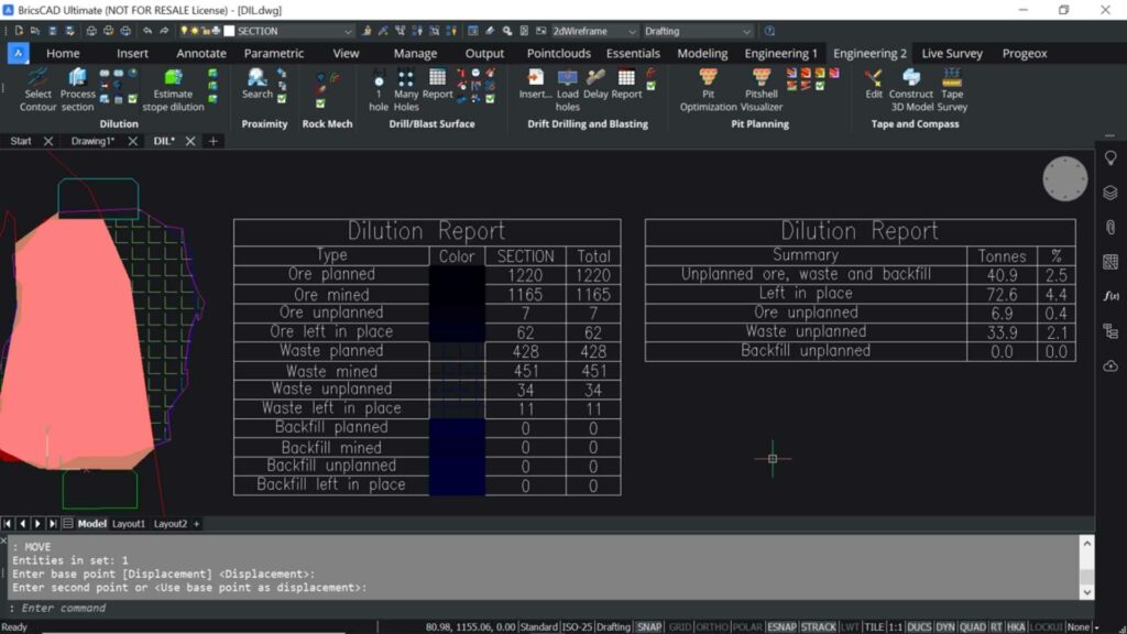 Stope dilution section with summary reports