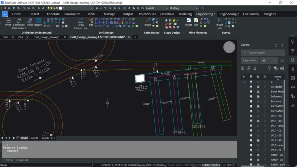 Plan view of a 2D Drift and a 2D ramp with annotations