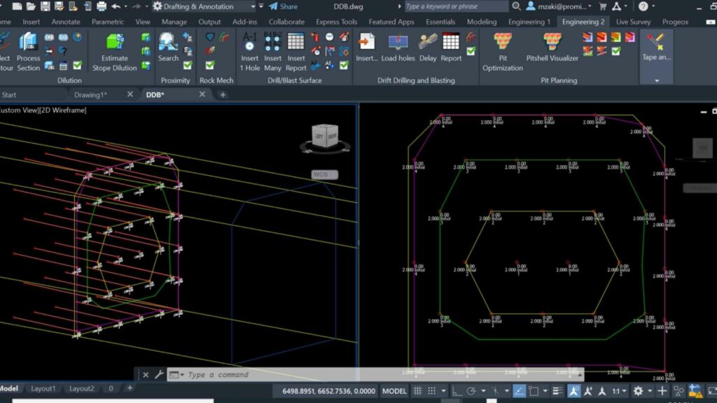 Section view of a horizontal drift drill and blast pattern with annotations