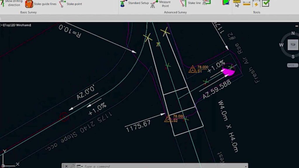 Promine live surveying using LEICA showing the drilling direction