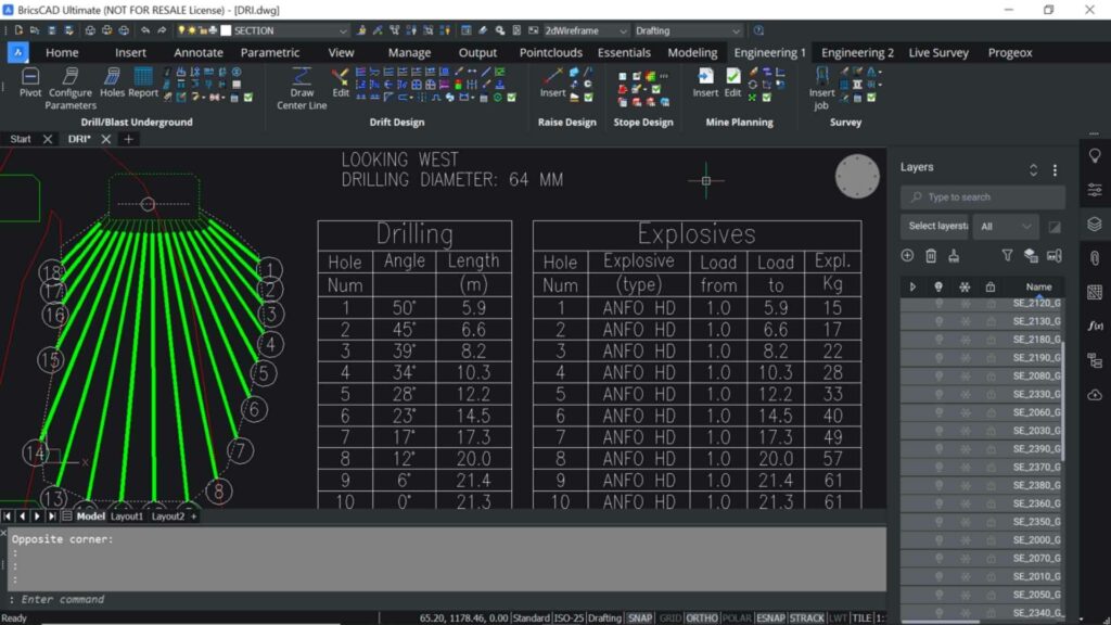 An underground drill and blast 2d pattern of a stope section with summary reports