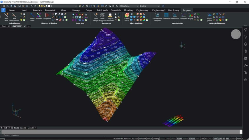 A geological map showing different elevations in 3D