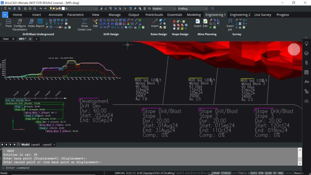 Mine Planning sequence blocks for an underground mine along a Gantt chart