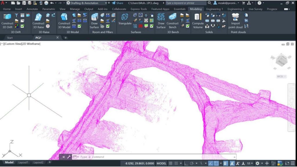 A point cloud representation of an underground 3D drift