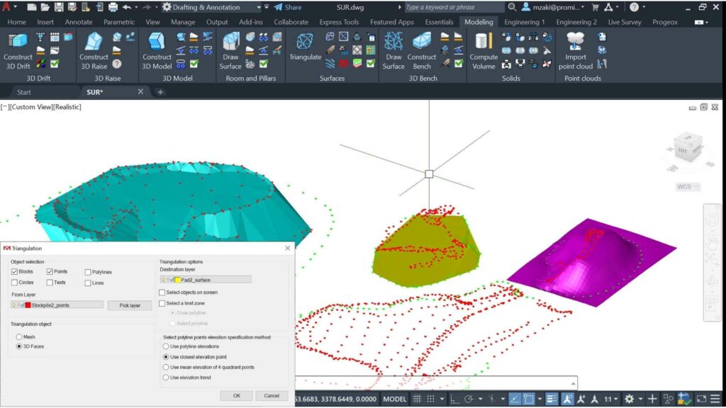 Several modeled 3D surfaces from imported survey data