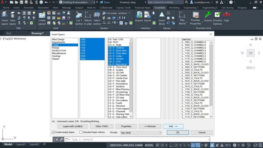 Promine mine levels layers being inserted from a Filer convention