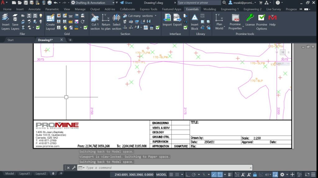 2D Plan view of an underground drift in a grid with Promine's title block