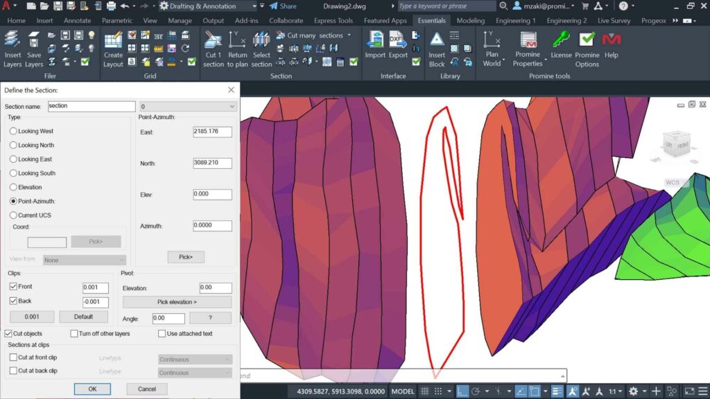 A section cut with Promine of a 3D orebody in AutoCAD