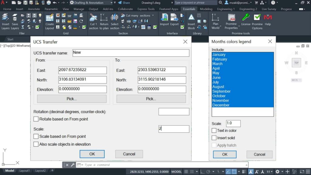 Promine's dialog boxes of a UCS transfer and months colors legend